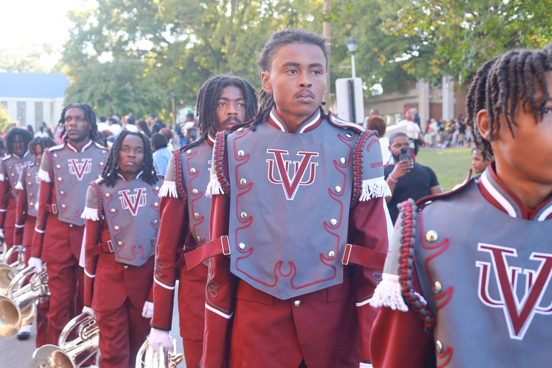 Virginia Union marching band in maroon and grey uniforms