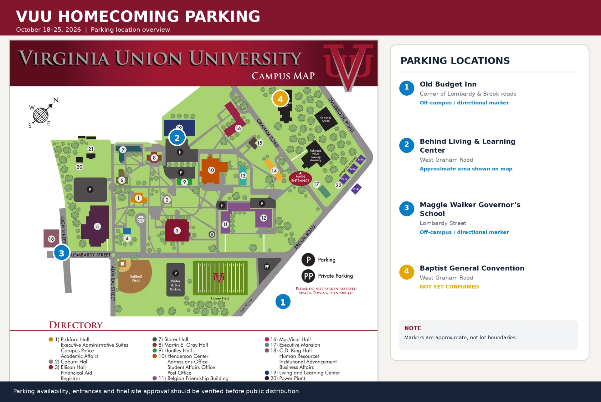 Homecoming 2026 parking map showing the four parking options around campus